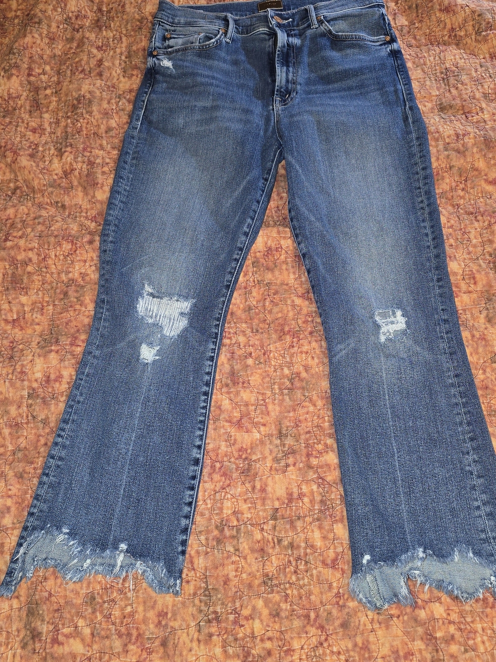 MOTHER Medium Blue Distressed Flare Jeans with Frayed Hem